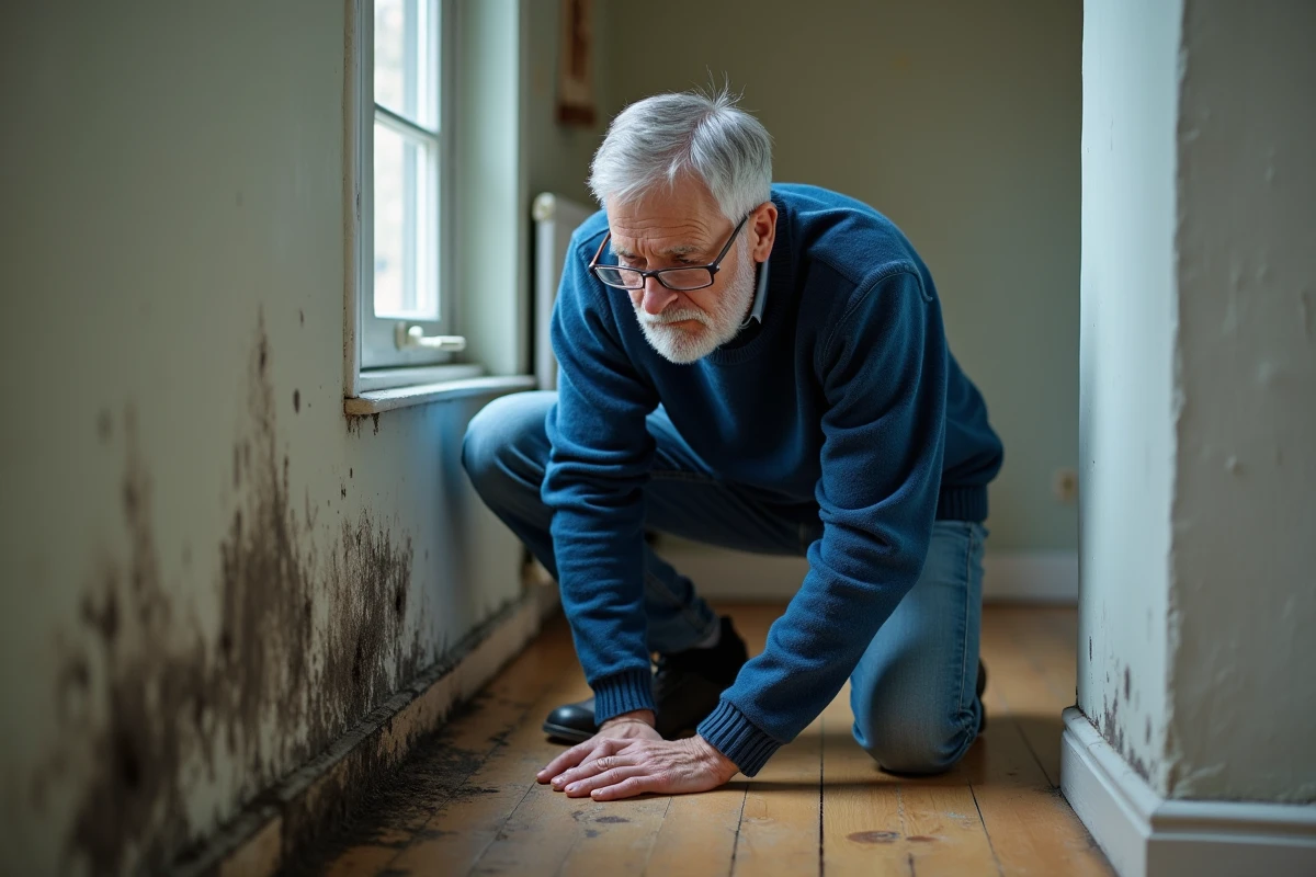 Homme âgé examinant des taches de moisissure sur un mur