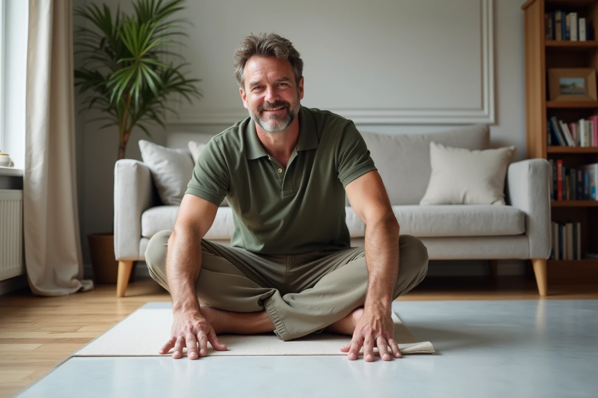 Homme posant une sous-couche en PVC dans le salon cosy