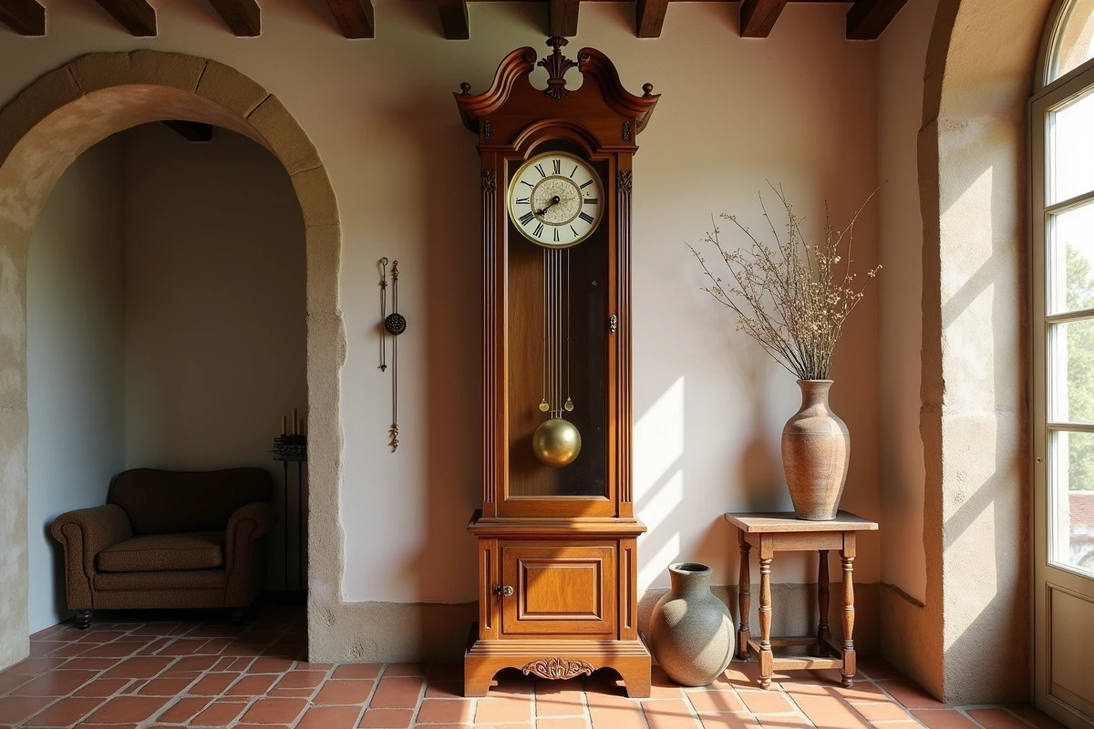 Horloge comtoise entièrement restaurée dans un intérieur de maison de campagne française avec cadran émaillé et caisse en chêne