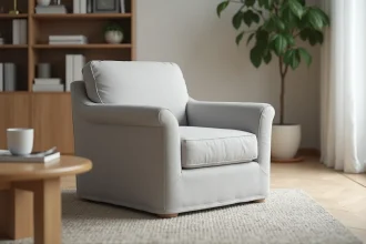 Housse extensible grise ajustée sur un fauteuil club dans un salon scandinave avec parquet en chêne clair