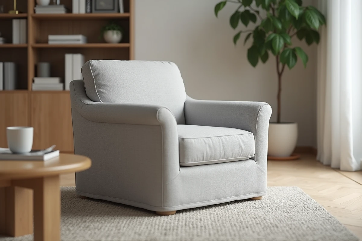 Housse extensible grise ajustée sur un fauteuil club dans un salon scandinave avec parquet en chêne clair