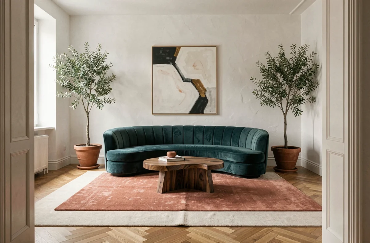 Salon contemporain élégant réalisé par l'agence Huitième Jour, avec canapé en velours et parquet en chêne