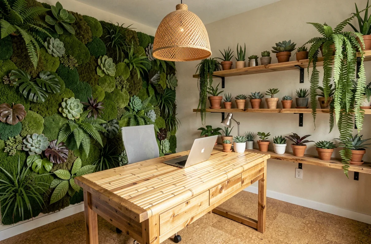 Bureau à domicile biophilique conçu par IBioDesign avec mur de mousse vivante, bureau en bambou recyclé et étagères en bois naturel