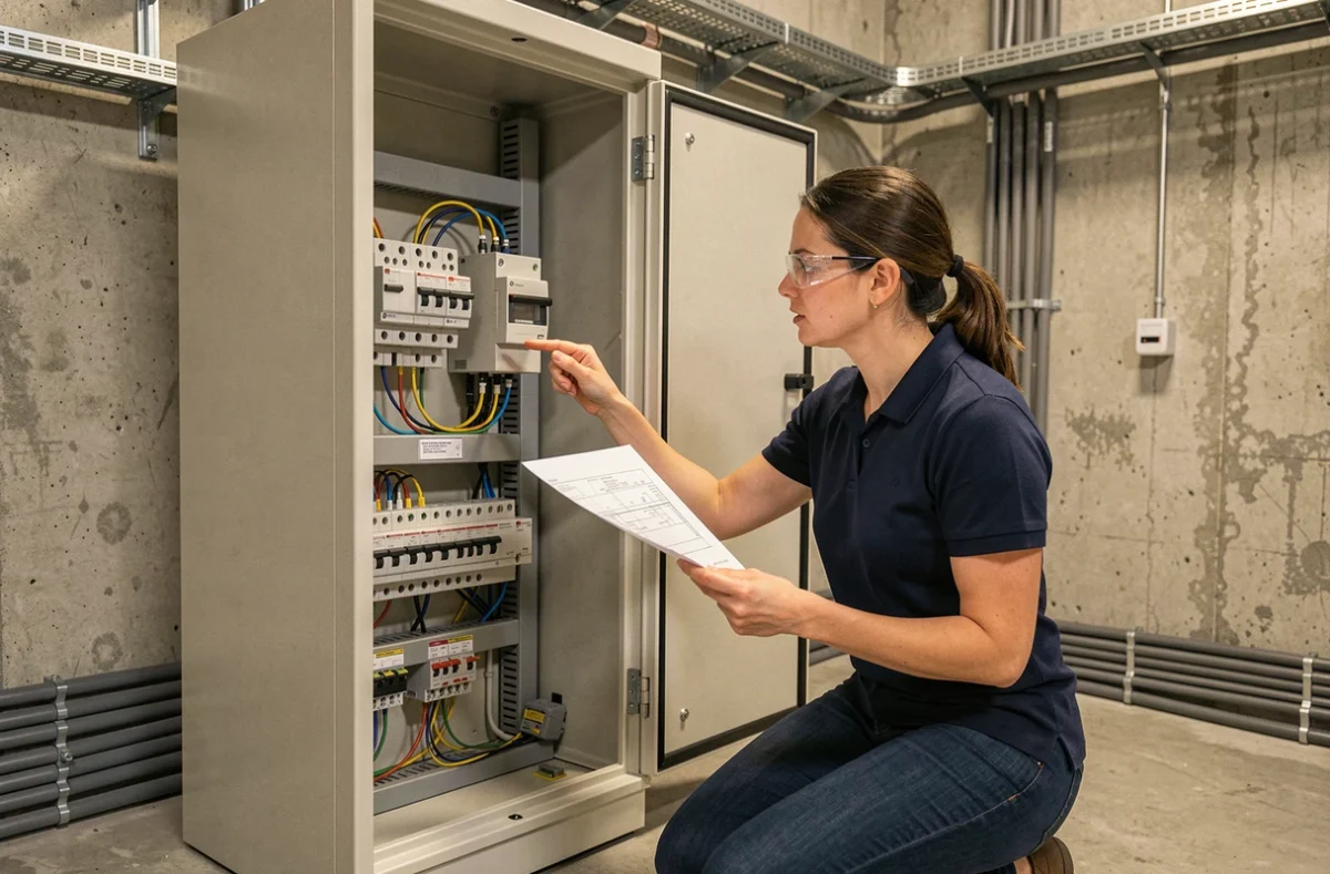 Ingénieure électricienne consultant un schéma de câblage devant une armoire électrique industrielle avec parasurtenseur