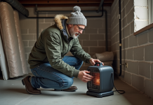 Chauffer un sous-sol non fini en hiver : avantages et conseils pratiques Homme inspectant un chauffage portable dans un sous-sol en travaux