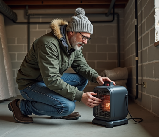 Chauffer un sous-sol non fini en hiver : avantages et conseils pratiques Homme inspectant un chauffage portable dans un sous-sol en travaux