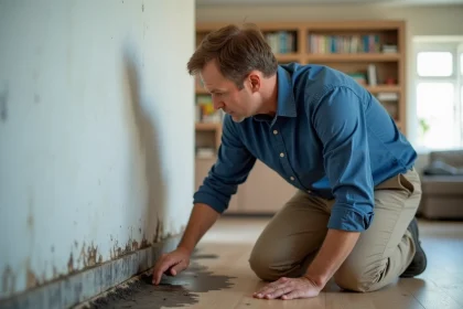 Homme moyenâgeux examine un mur humide dans un salon