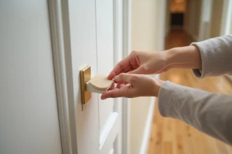 Installation d'un pince-doigt sur une porte intérieure blanche sans perçage, avec bandes adhésives et mousse de protection