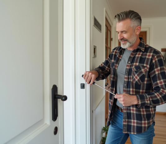 Emplacement capteur porte : identifier et localiser facilement Homme posant un capteur sur une porte d'entrée moderne