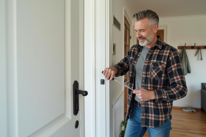 Homme posant un capteur sur une porte d'entrée moderne