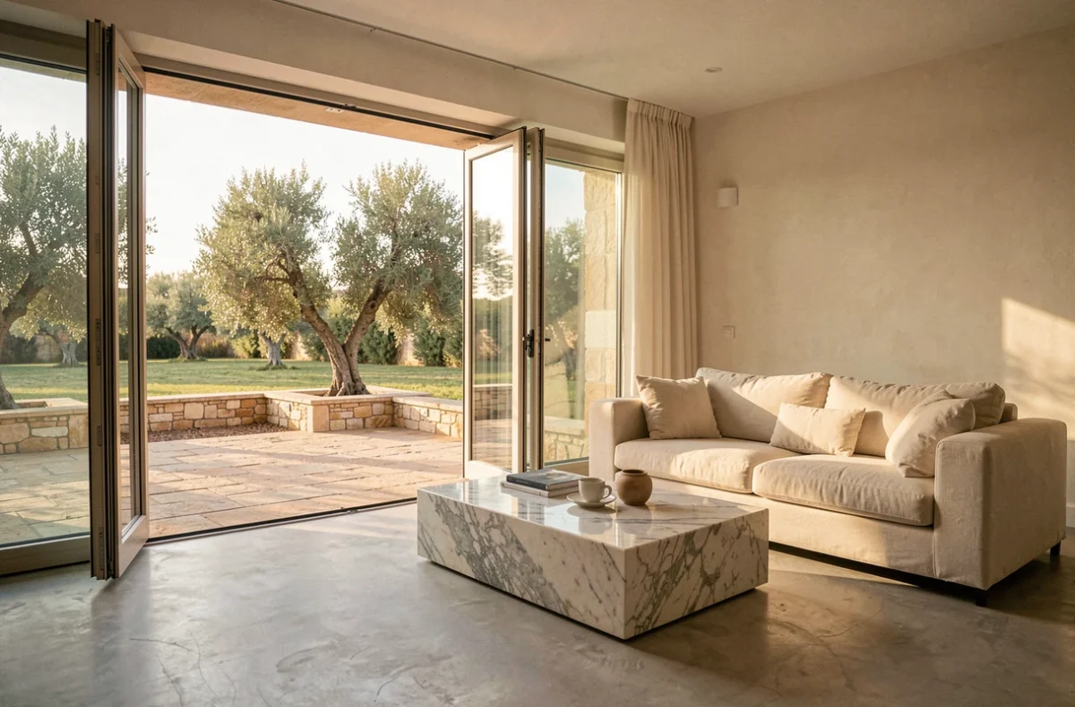 Espace de vie intérieur et extérieur fusionné avec terrasse en pierre et baies vitrées dans le style méditerranéen