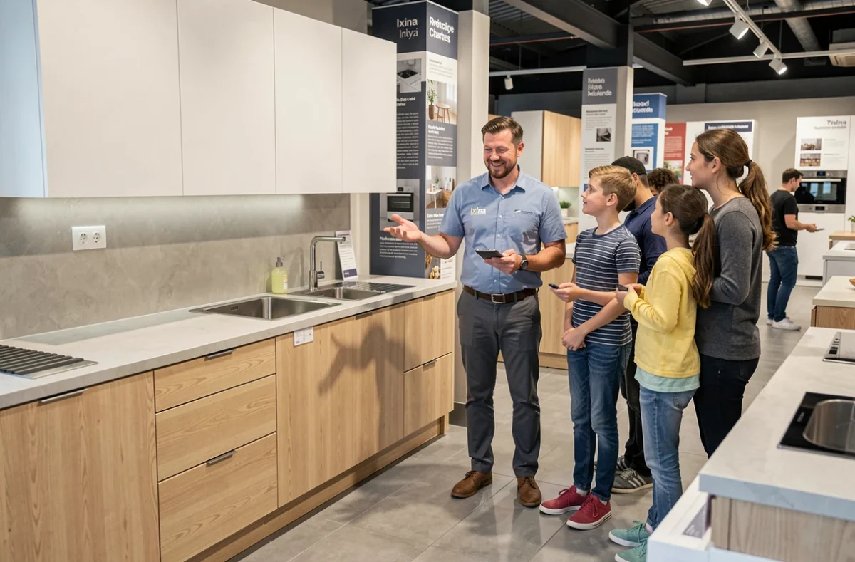 Conseiller Ixina Chartres présentant une cuisine bicolore bois et blanc à une famille dans un showroom