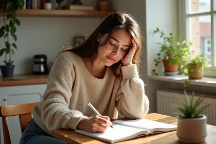 Jeune femme écrivant dans un bullet journal à la maison