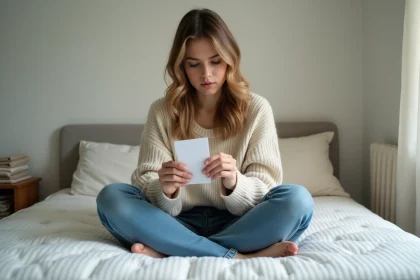 Jeune femme en jean et pull examine une étiquette de produit sur un matelas