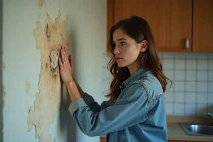 Jeune femme touchant un mur avec moisissure dans une cuisine