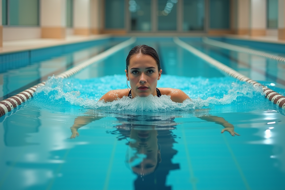 Jeune femme nageant en crawl dans piscine intérieure