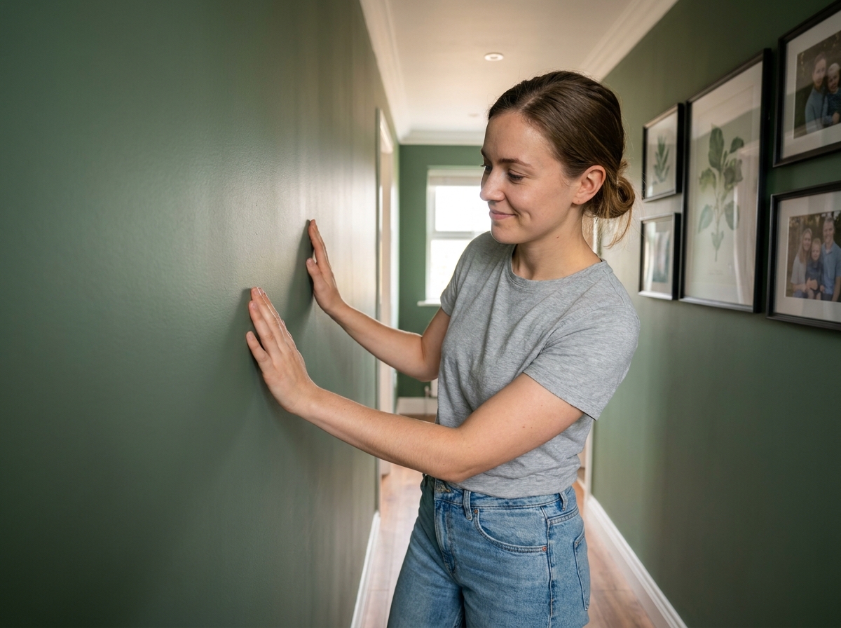 Jeune femme inspectant un mur peint dans un couloir intérieur