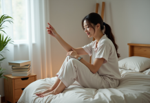 Lit bas ou lit haut : quel est le meilleur choix pour bien dormir ? Jeune femme en pyjama se relaxant dans sa chambre calme