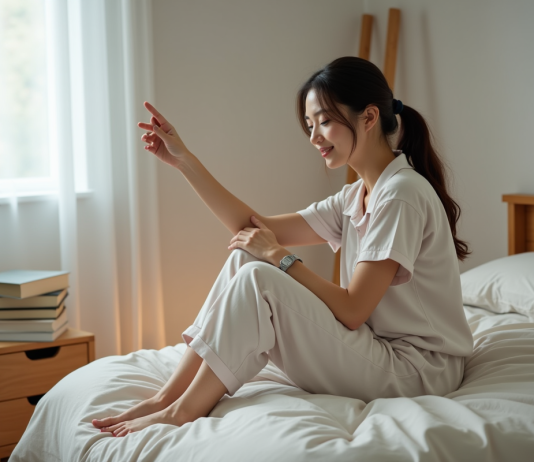 Lit bas ou lit haut : quel est le meilleur choix pour bien dormir ? Jeune femme en pyjama se relaxant dans sa chambre calme