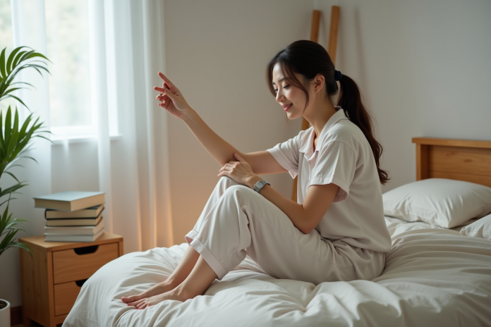 Jeune femme en pyjama se relaxant dans sa chambre calme