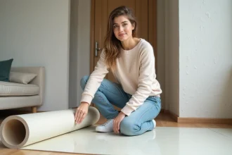 Jeune femme déballant un rouleau de PVC dans un appartement lumineux