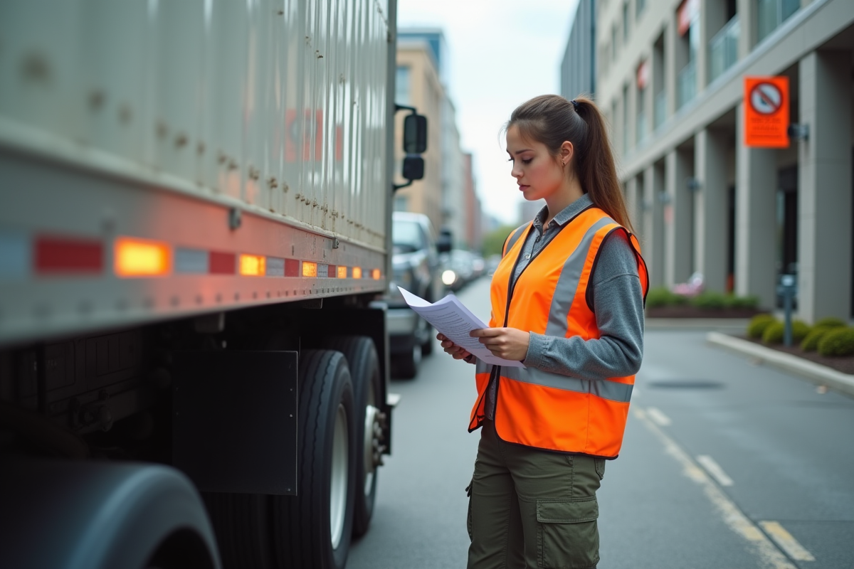 Jeune femme vérifiant des papiers à côté du camion