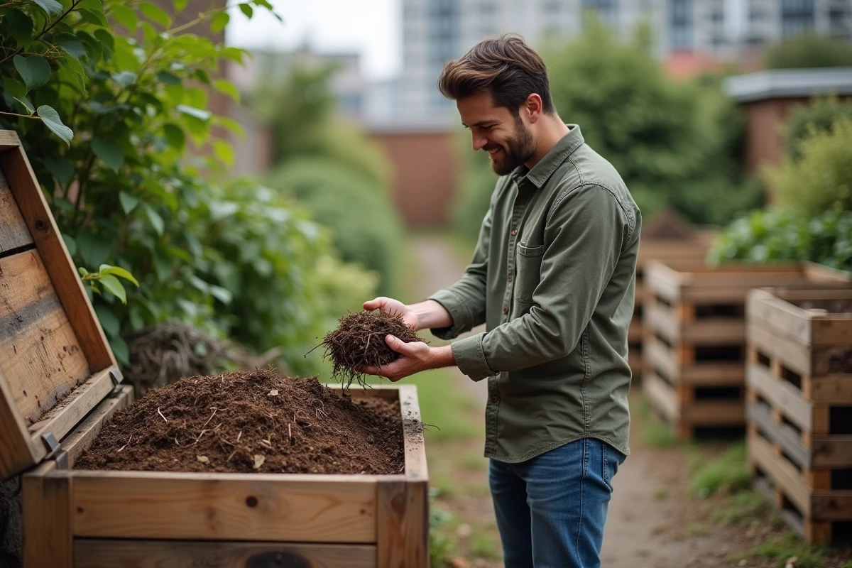 Jeune homme examinant compost dans jardin communautaire