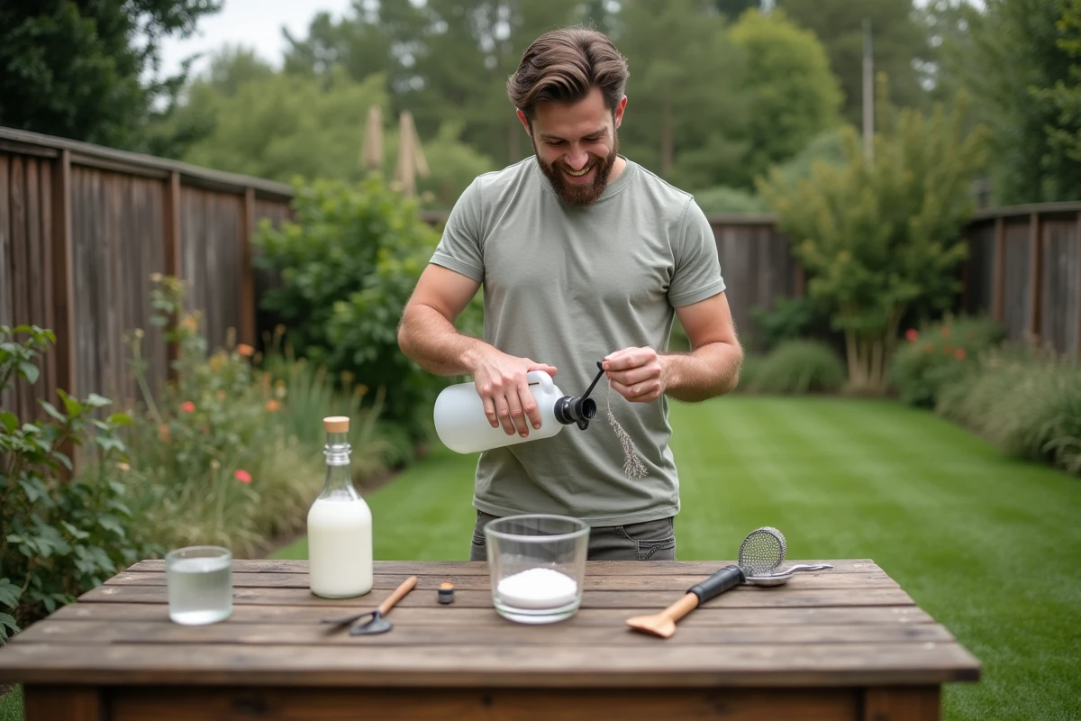 Jeune homme préparant une solution naturelle pour désherber