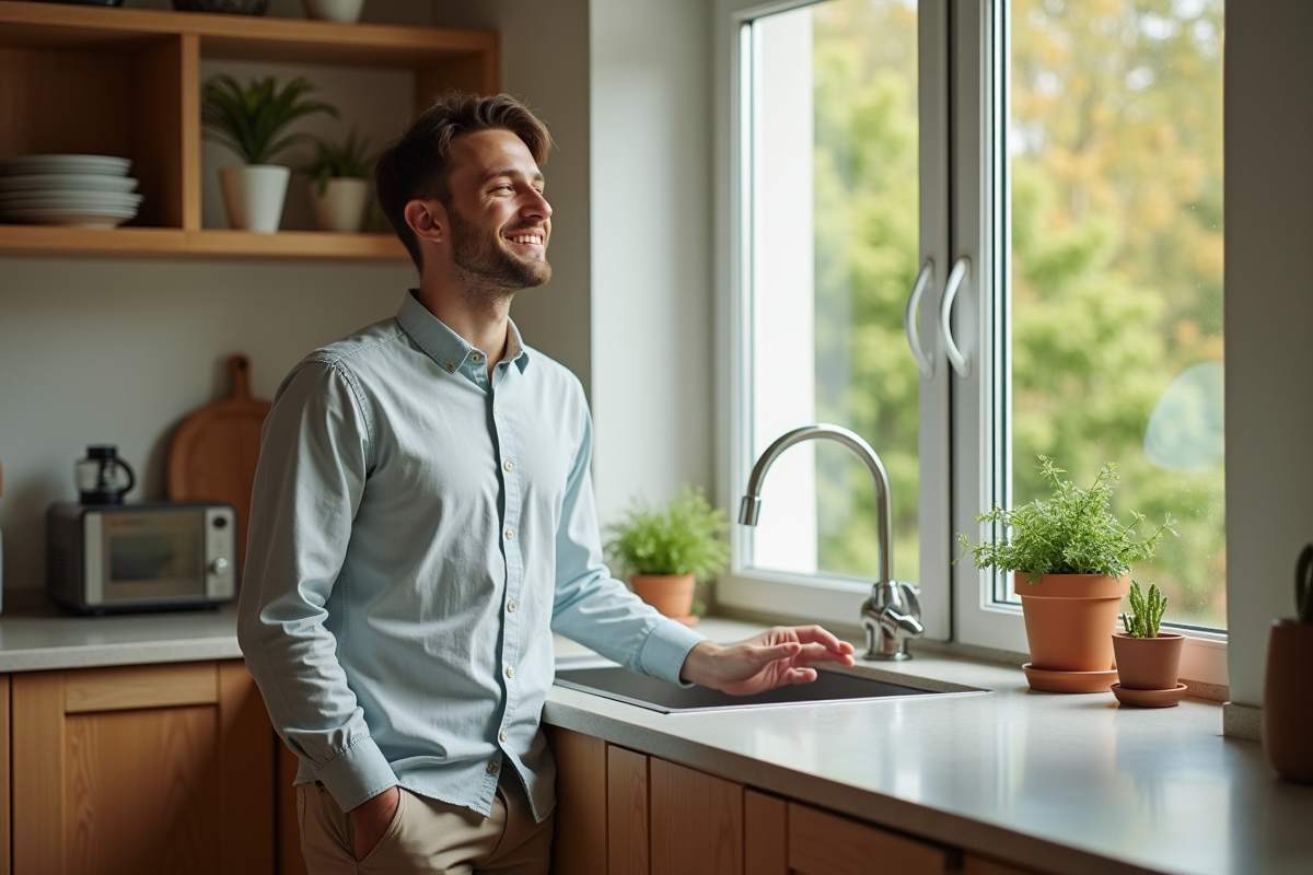 Jeune homme ouvrant une fenêtre dans une cuisine chaleureuse
