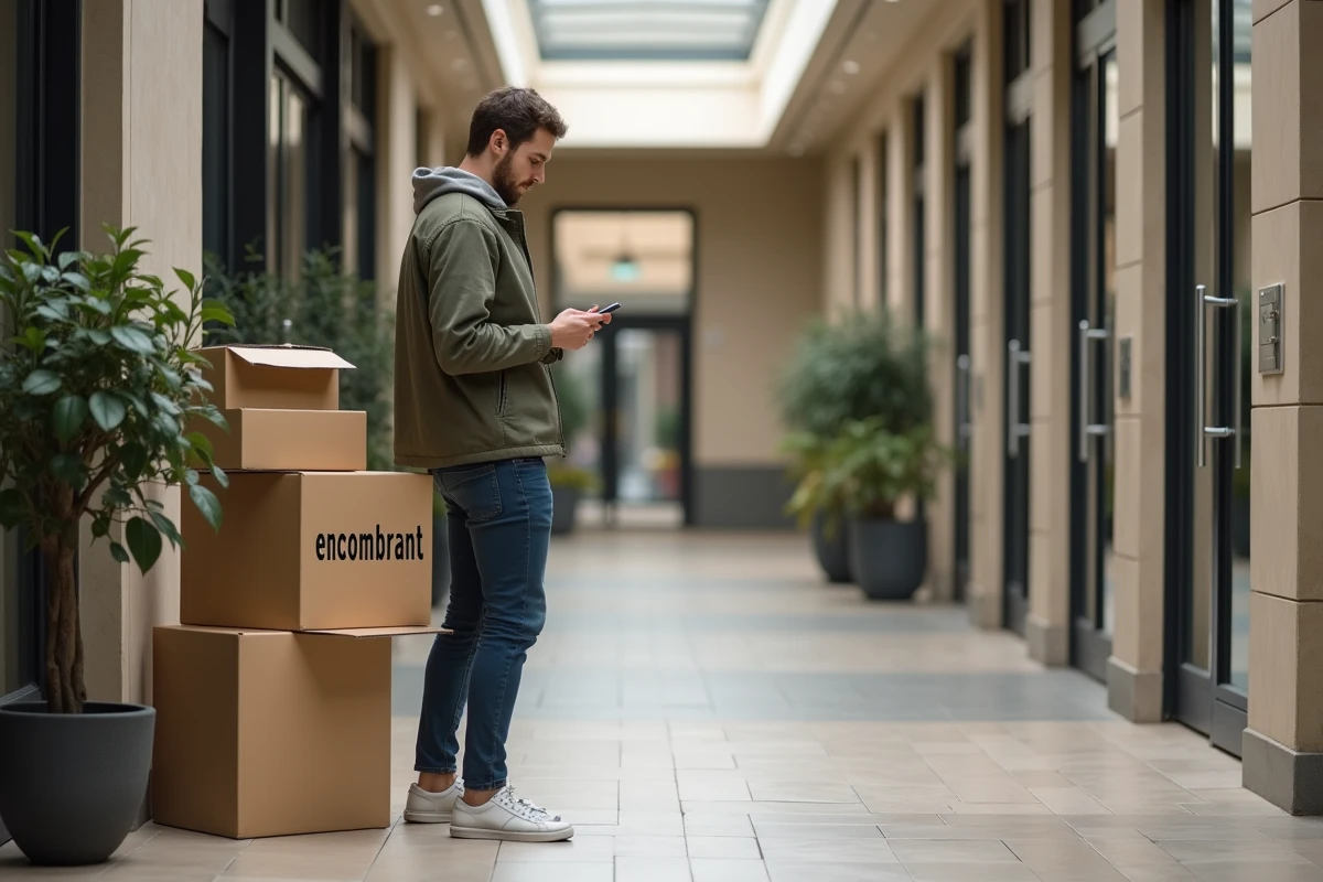 Jeune homme dans le lobby avec carton encombrant
