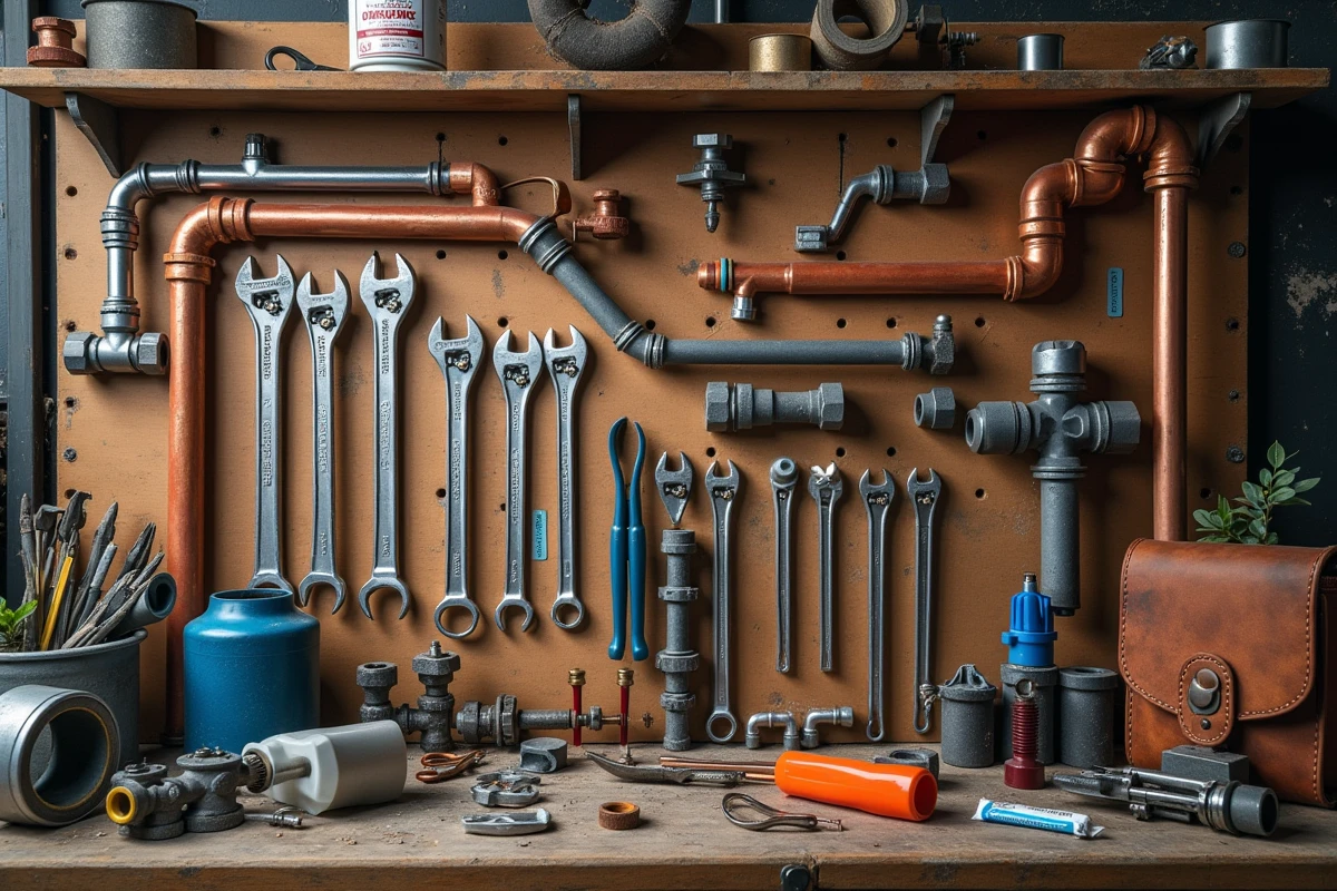 Kit complet d'outils de plomberie pour rénovation d'appartement disposés en flat lay sur un établi en bois
