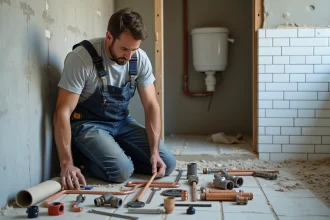 Plombier professionnel organisant son kit d'outils de plomberie sur le sol d'un appartement en rénovation à Paris