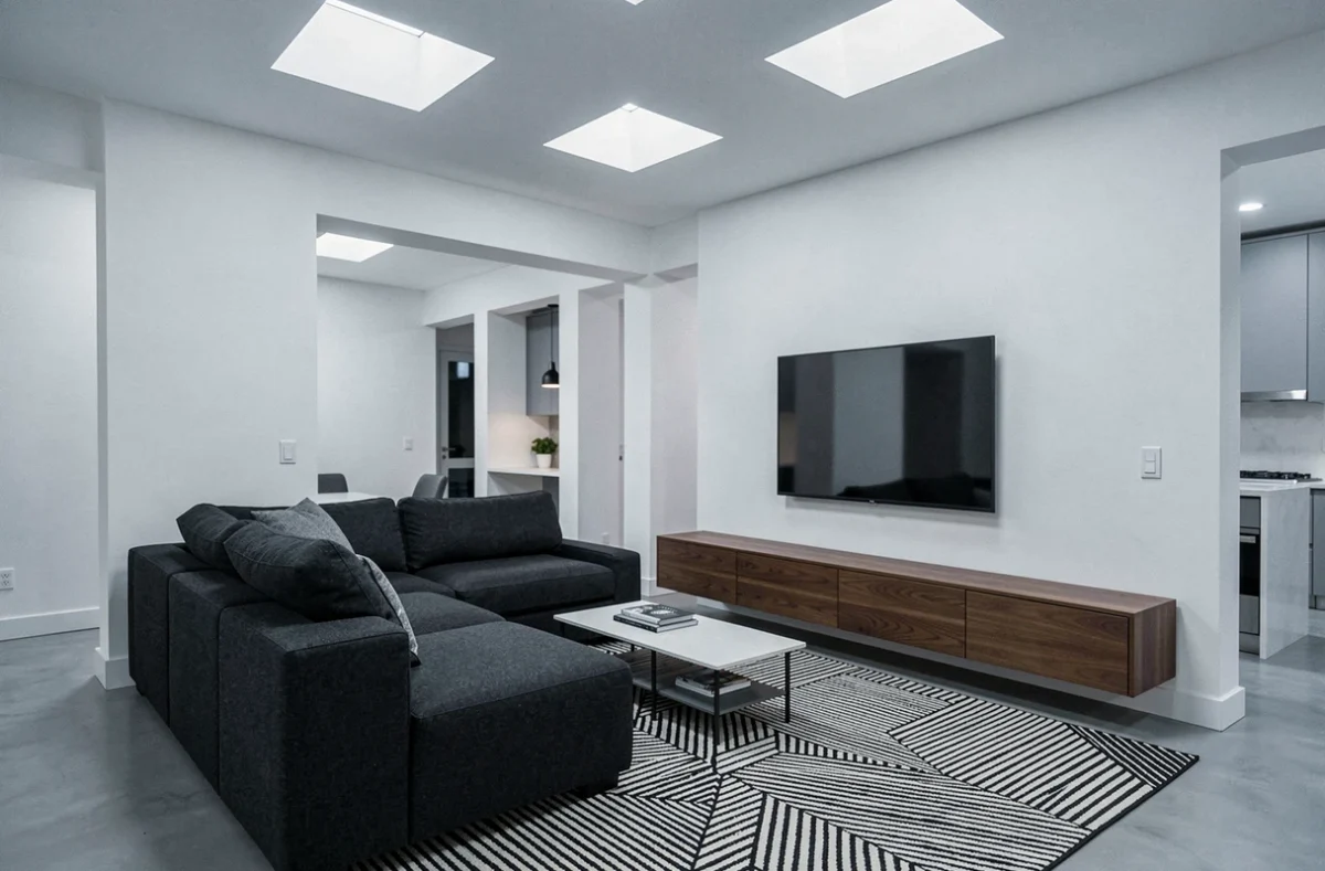Salon moderne aux lignes géométriques réalisé par Kubus House en Haute-Savoie, avec canapé modulable en laine et tapis graphique
