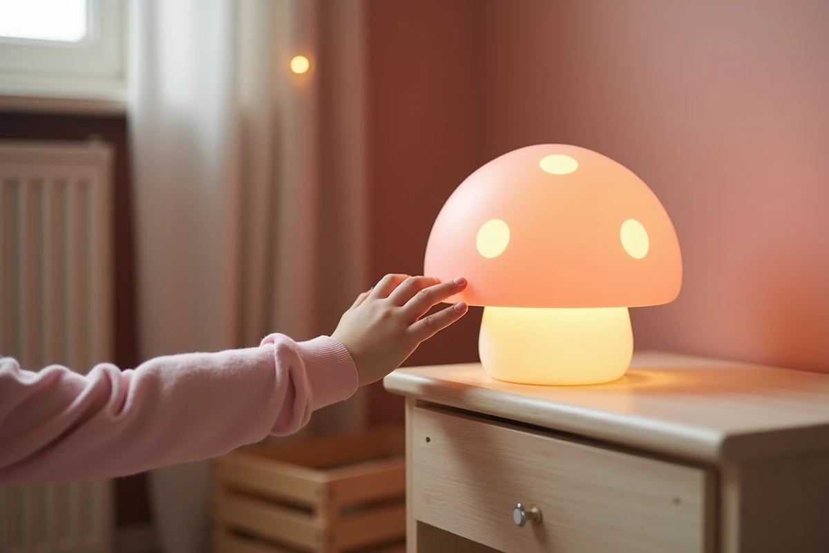 Main d'enfant touchant une lampe champignon en silicone rose à pois blancs posée sur une étagère de chevet dans une chambre rose poudré