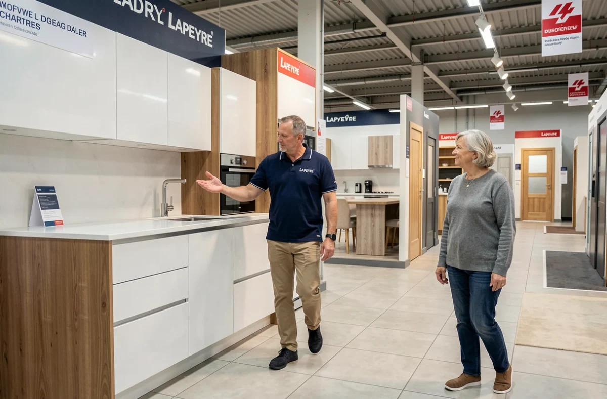 Vendeur Lapeyre Chartres montrant une cuisine intégrée associée à des menuiseries assorties