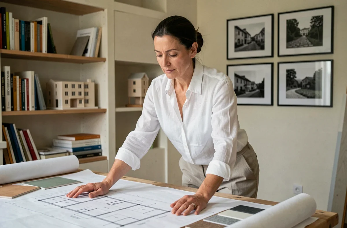Architecte d'intérieur femme travaillant sur des plans dans son atelier de conception en France du Sud