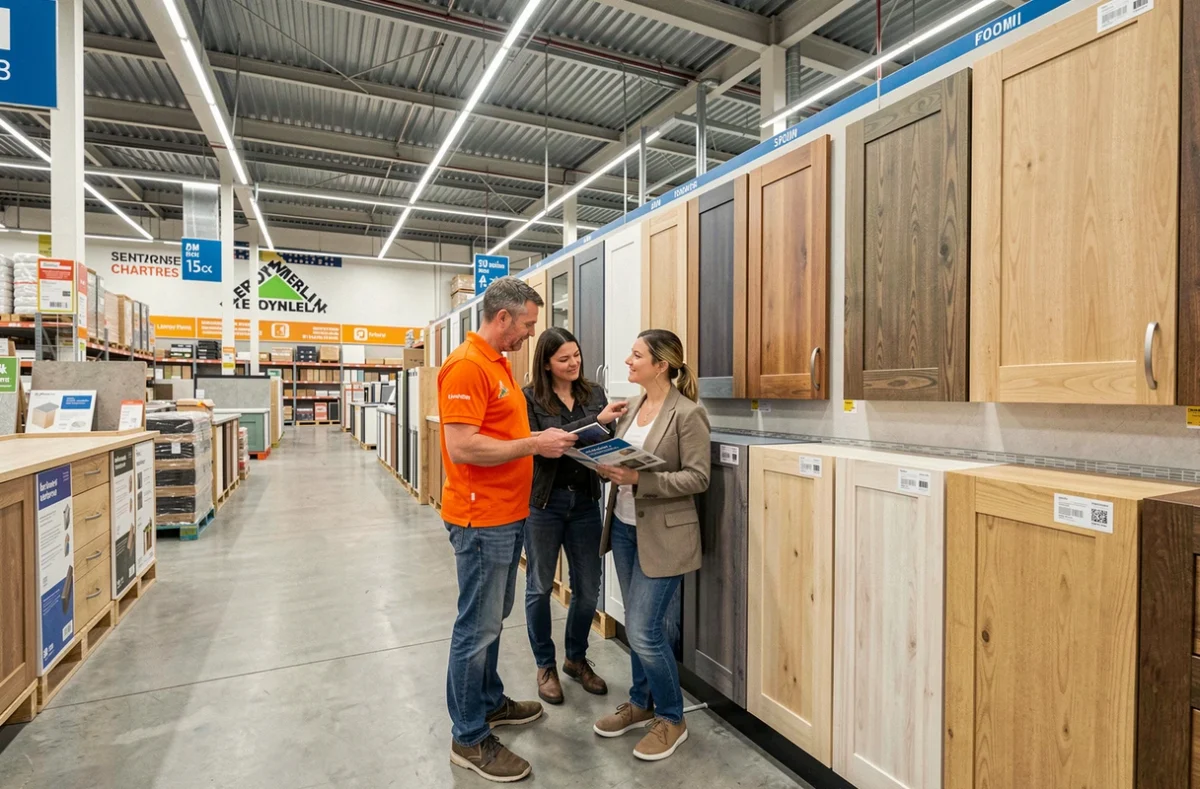 Employé Leroy Merlin Chartres aidant un couple à choisir des façades de cuisine dans le rayon aménagement