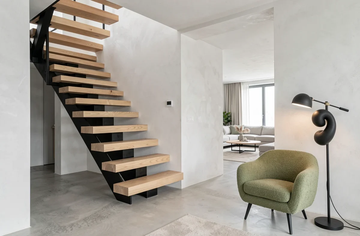 Intérieur résidentiel contemporain avec escalier flottant en chêne et fauteuil en bouclé vert sauge
