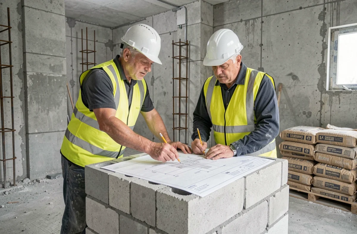 Deux maçons consultant un plan technique de construction posé sur des parpaings normalisés dans un bâtiment en cours de construction
