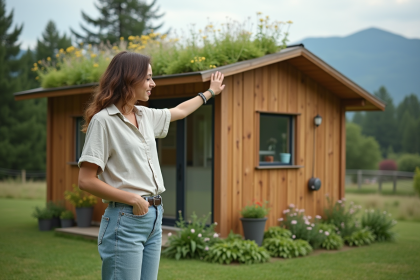 Jeune femme touchant un toit végétal sur une maison écologique