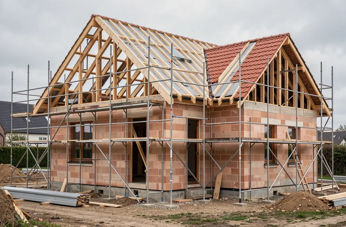 Maison en construction avec charpente et couverture en cours de pose