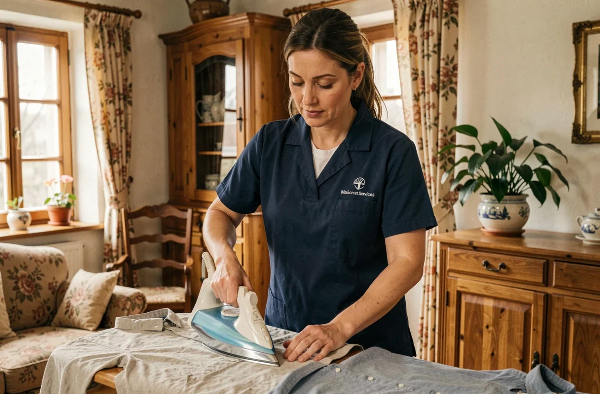 Employée de Maison et Services Strasbourg en uniforme bleu repassant du linge dans un intérieur alsacien traditionnel