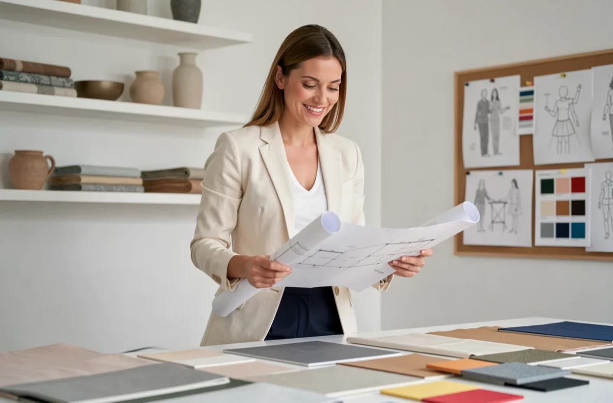 Manon Papin, architecte d'intérieur en Haute-Savoie, présentant des échantillons de matériaux dans son studio de design