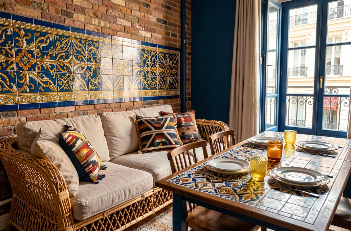 Intérieur marseillais coloré aménagé par Massilia Décoration avec carreaux de ciment, mobilier en rotin et accents méditerranéens bleu cobalt