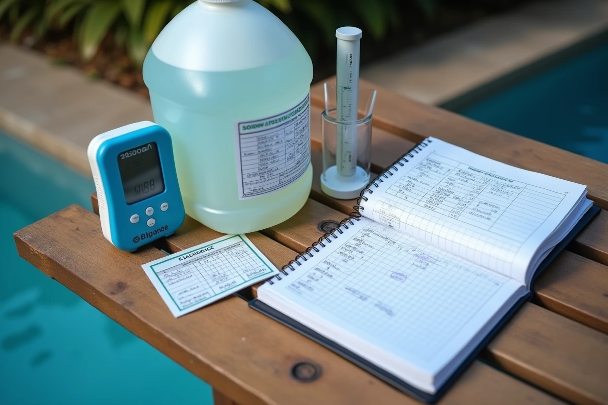 Kit de dosage eau de javel pour piscine 50 m3 avec verre mesureur, test de pH et tableau de calcul