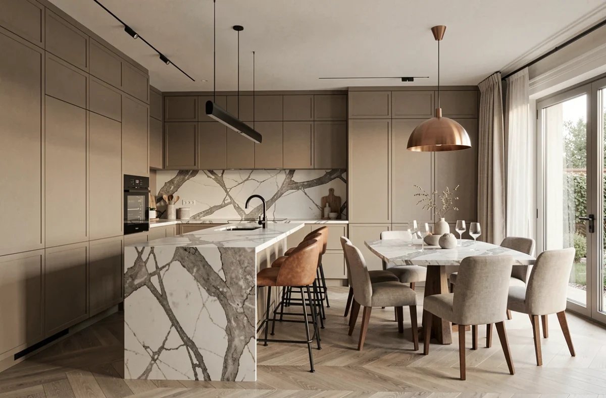 Cuisine et salle à manger design à l'italienne avec îlot en marbre de Calacatta et cabinetry taupe sur mesure