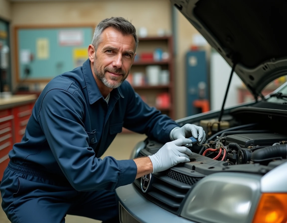 Mécanicien inspectant des câbles rongés par une fouine dans un atelier automobile