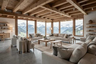 Showroom d'architecte d'intérieur en Haute-Savoie avec mobilier contemporain et poutres en bois apparentes