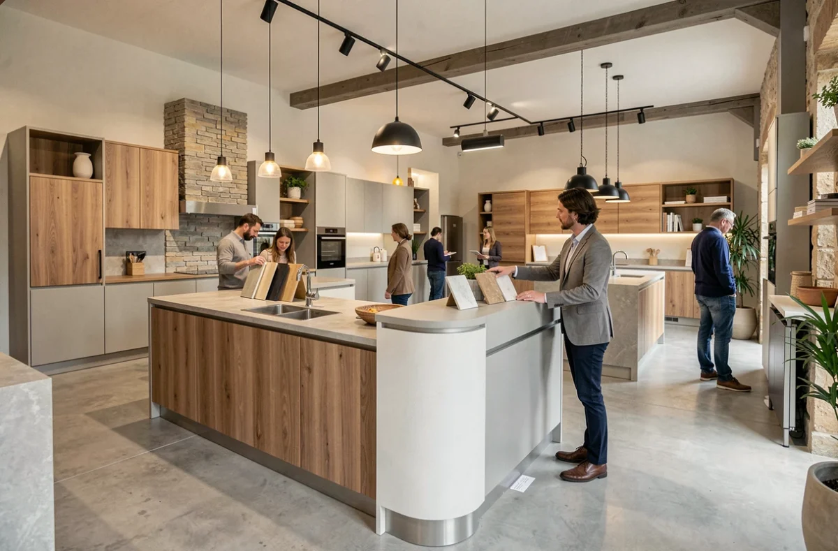 Vue d'ensemble d'un showroom de cuisinistes en Eure-et-Loir avec plusieurs modèles de cuisines exposés