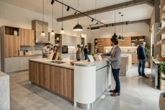 Vue d'ensemble d'un showroom de cuisinistes en Eure-et-Loir avec plusieurs modèles de cuisines exposés